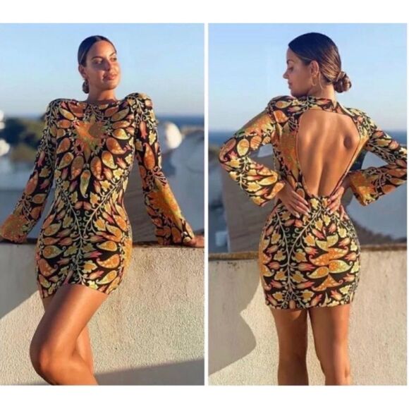 NWT Zara Blogger’s Favorite Long Sleeve Printed Multicolor Open Back Mini Dress - Picture 1 of 12